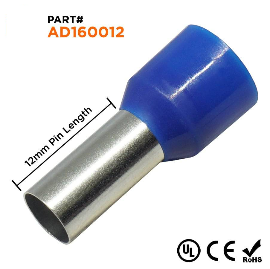 AD160012 - 6 AWG Insulated Punteras, 12mm Pin, Azul, UL Recognized, 100 piezas