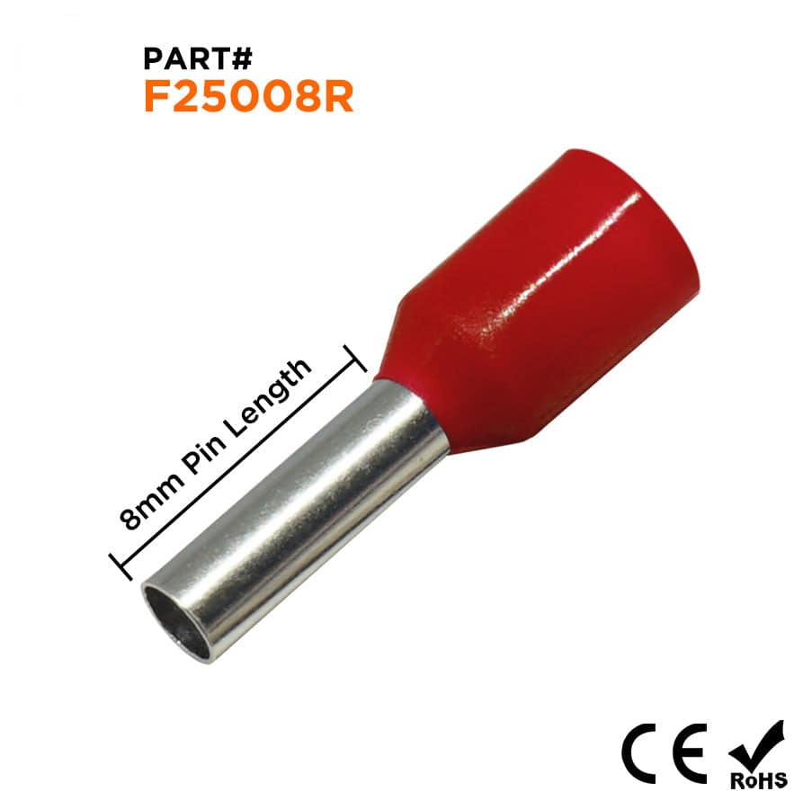F25008R - 14 AWG Insulated Punteras, 8mm Pin, Rojo, 500 piezas