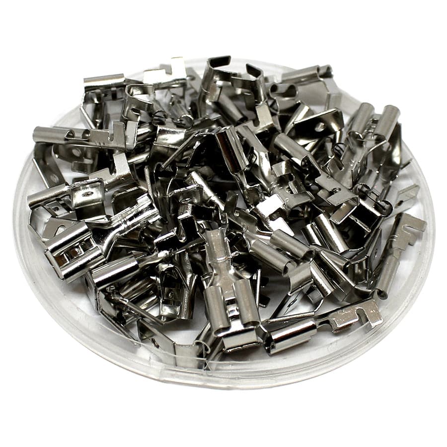 DJ6212D-6.3B-T - 18 to 16 AWG Tin Plated Open Barrel Piggyback Male/Female Disconnects, 100 Pieces