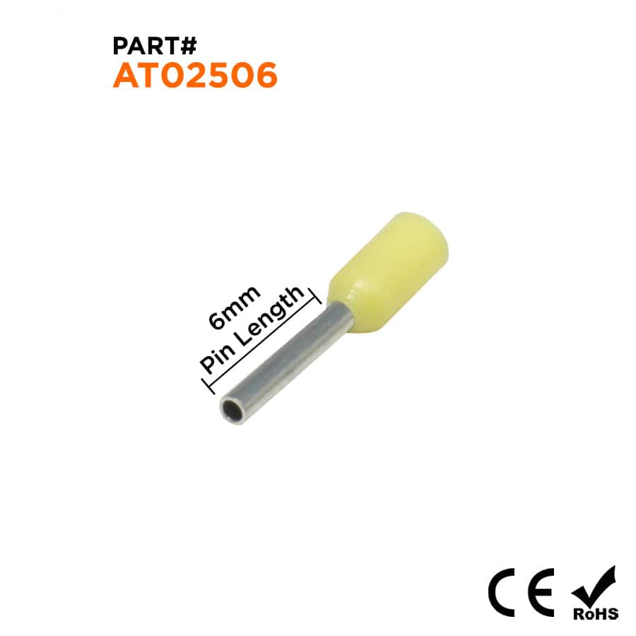AT02506 - 24 AWG Single Insulated Wire Ferrules, 6mm Pin, Yellow, 500 Pieces