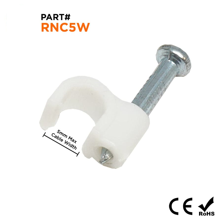 Nail In Cable Clips, Ethernet Cable Nails Tacks, Round, 5mm, 0.20", White, 100 Pieces - RNC5W