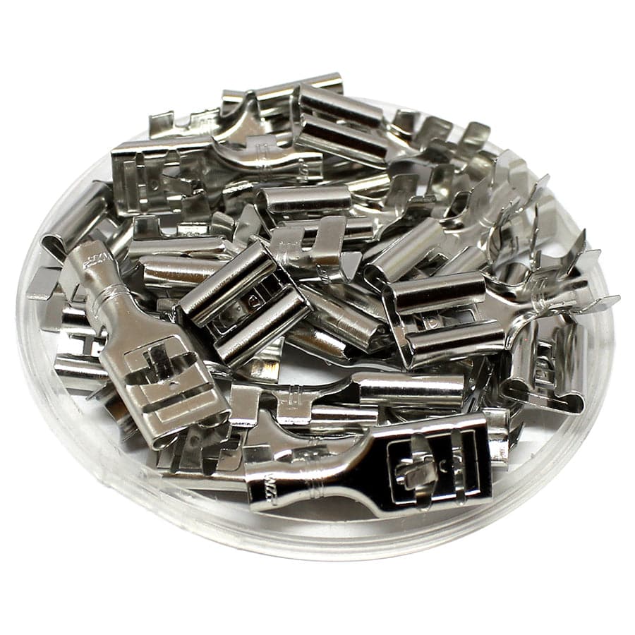 DJ621-E9.5x1.2D-T - 14 to 12 AWG Female Quick Disconnects, With Locking Tab, Open Barrel Style, 50 Pieces