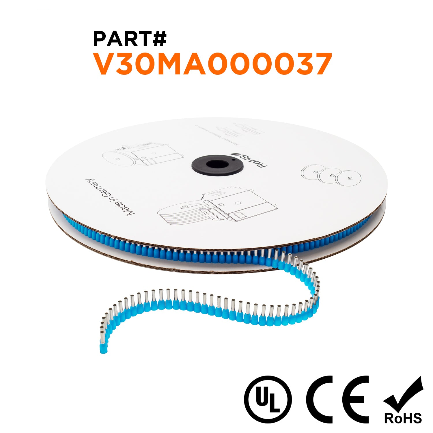 Z+F V30MA000037 - 20 & 18 AWG Insulated Punteras, 8mm Pin, Azul claro, 5000 piezas Reel/Spool