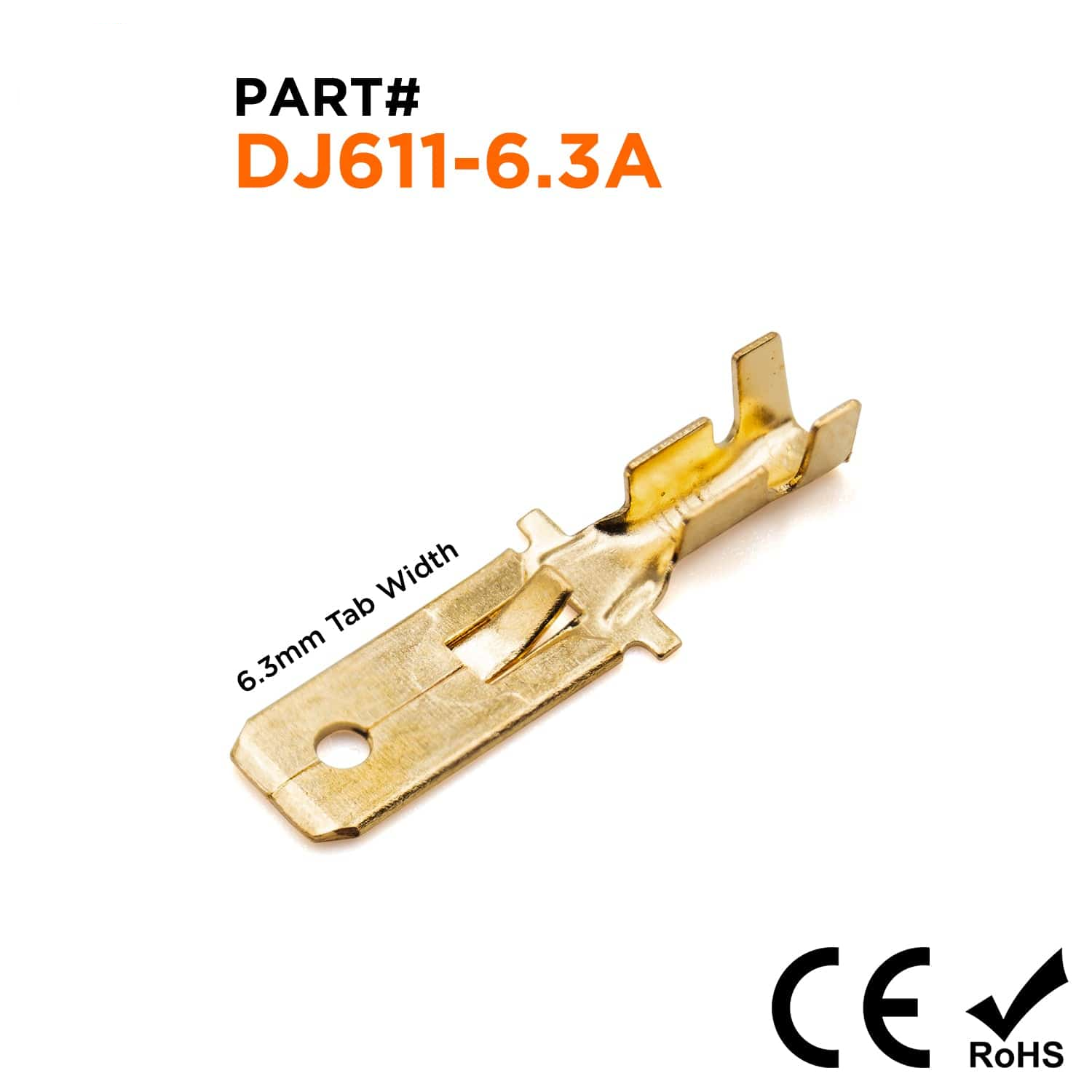 DJ611-6.3A - 22 to 18 AWG Quick Disconnects, Male, Lock Tab, NEMA Tab: 6.3, Brass, Open Barrel, 100 Pieces