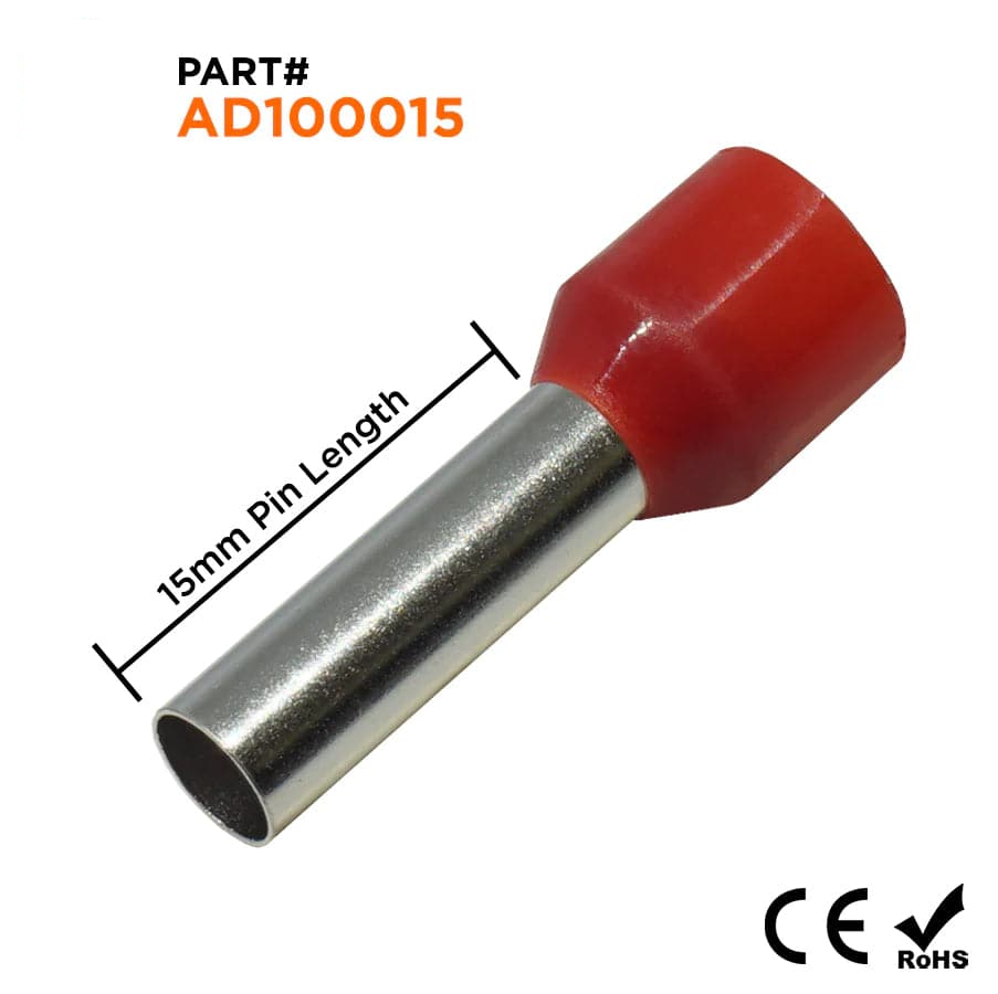 AD100015 - 8 AWG Insulated Wire Ferrules, 15mm Pin, Red, 100 Pieces