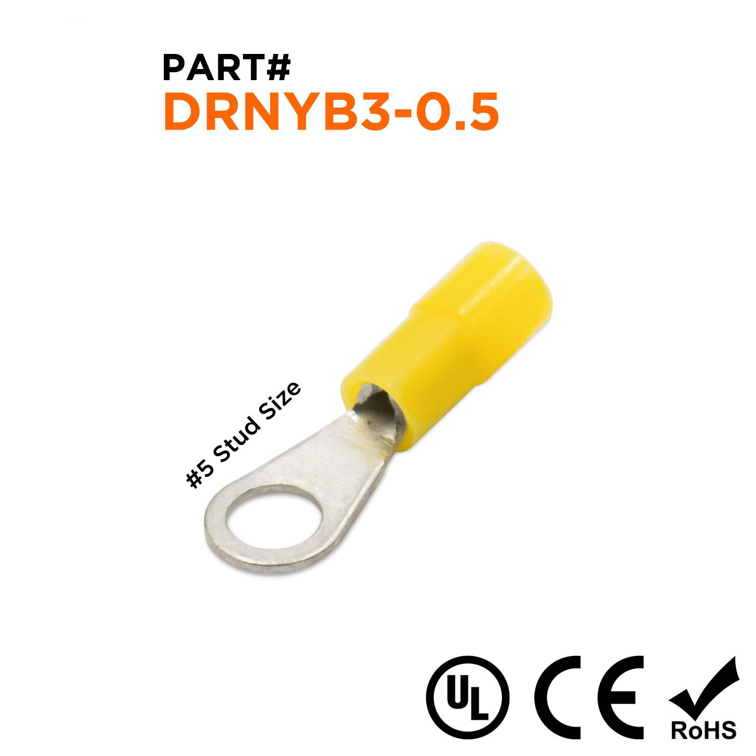 DRNYB3-0.5 - 26 a 22 AWG Con aislamiento de nailon Terminales de anillo, #4 Orificio, Brazed Seam, DIN 46237, UL Recognized, 100 piezas