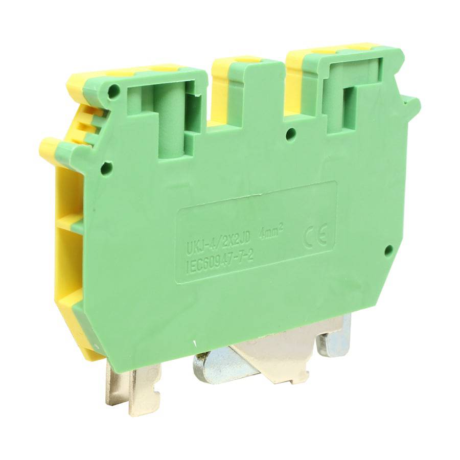 UKJ-4/2X2JD - 24 a 10 AWG Screw Clamp, Feed-Thru, Double In Double Out Terminal Block, UL Approved, Amarillo-Verde