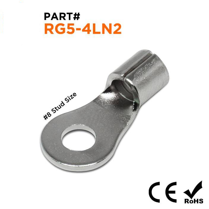 RG5-4LN2 - 12 a 10 AWG De alta temperatura Terminales de anillo, #8 Orificio, De acero, 900°F, 100 piezas