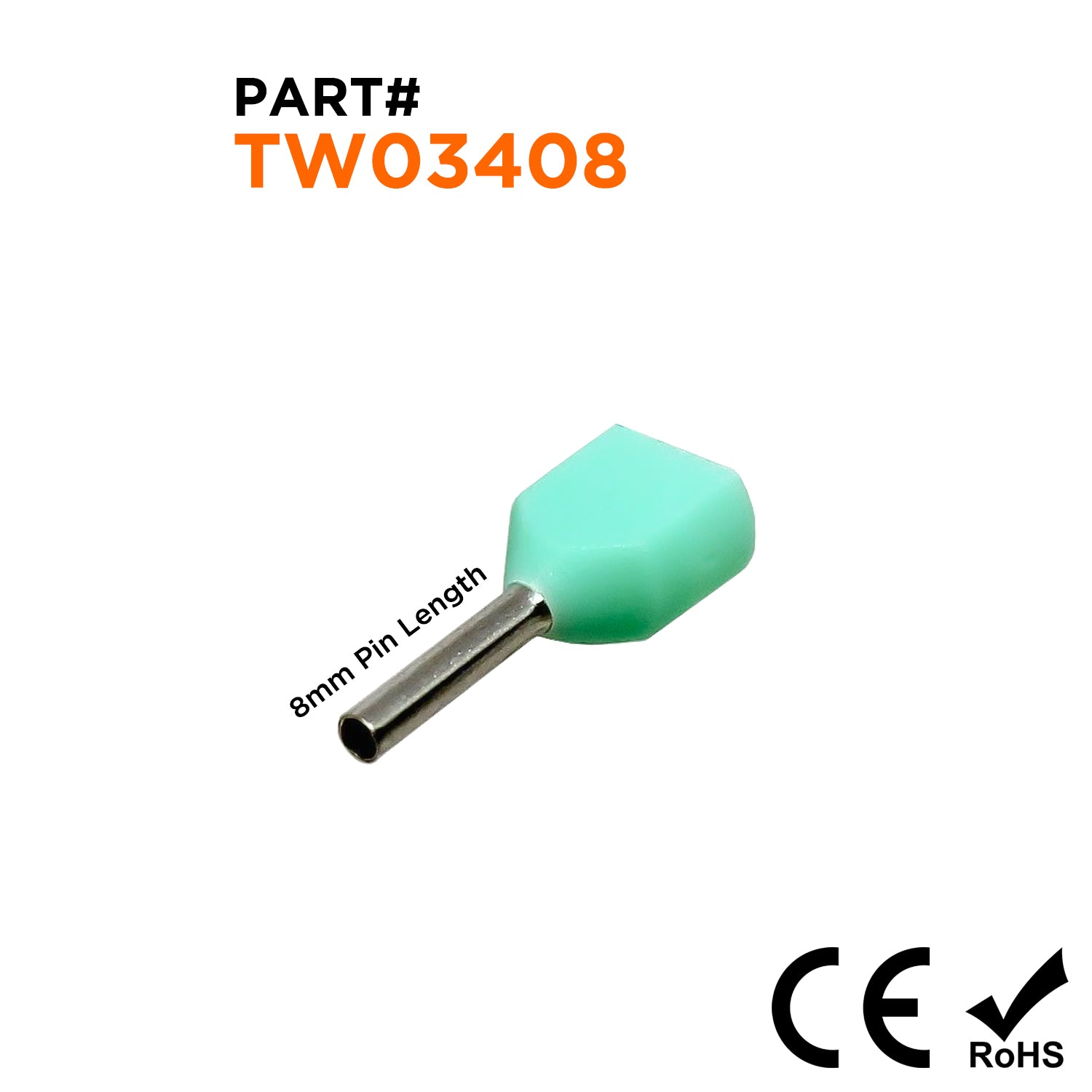 TW03408 - 2x24 & 22 AWG (8mm Pin) Twin Wire Ferrules - Turquoise, 500 Pieces