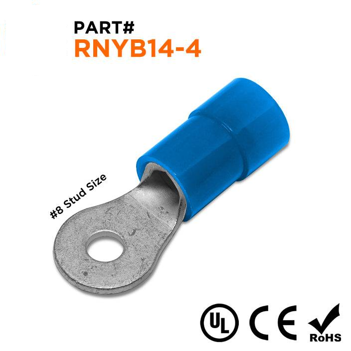 RNYB14-4 - 6 AWG Nylon Insulated Ring Terminals, #8 Stud, 10 Pieces