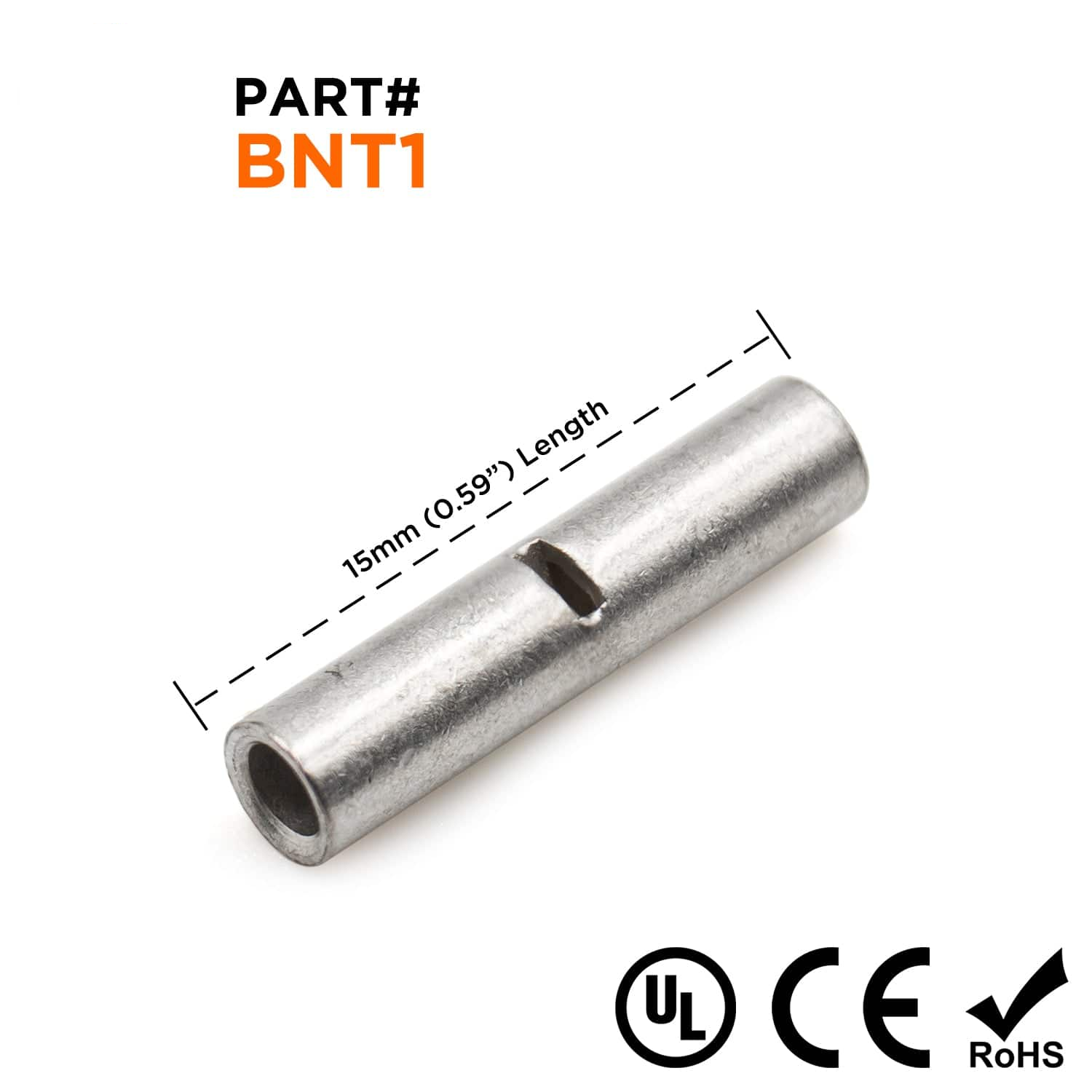 BNT1 - 22-16 AWG Non Insulated Butt Splice Connectors, 9/16" Length, UL Approved, 100 Pieces