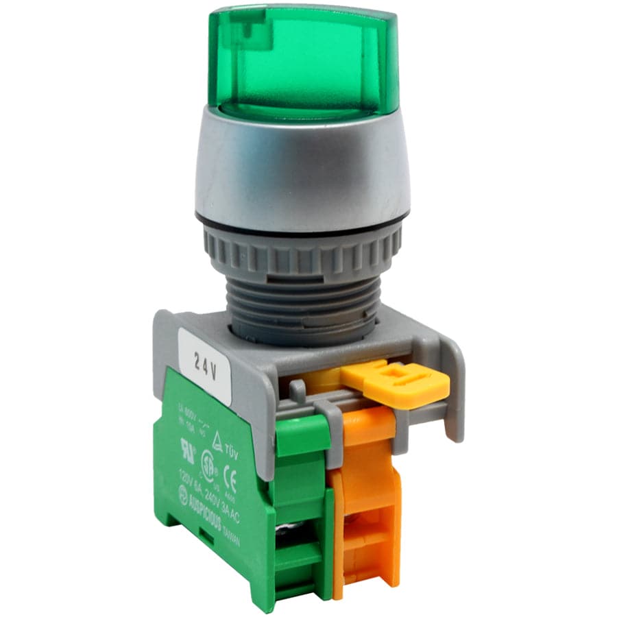 SL22-1/O-24-GN - Illuminated Twist Knob Switch - 1 Contact (1/O) - 2 Positions (0-1) - 24V - Green