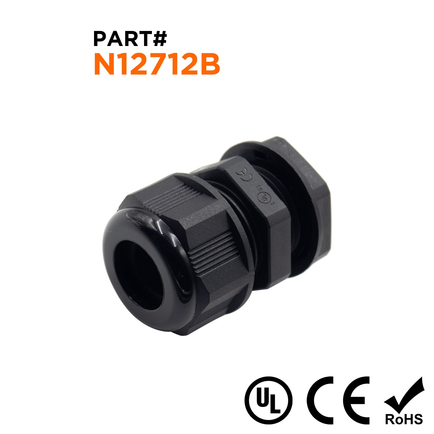 N12712B - 1/2" NPT Rosca De nailon Prensaestopas, Negro, Rango: 1/4" a 1/2", UL Listed, IP68, IP69K - 1 pieza