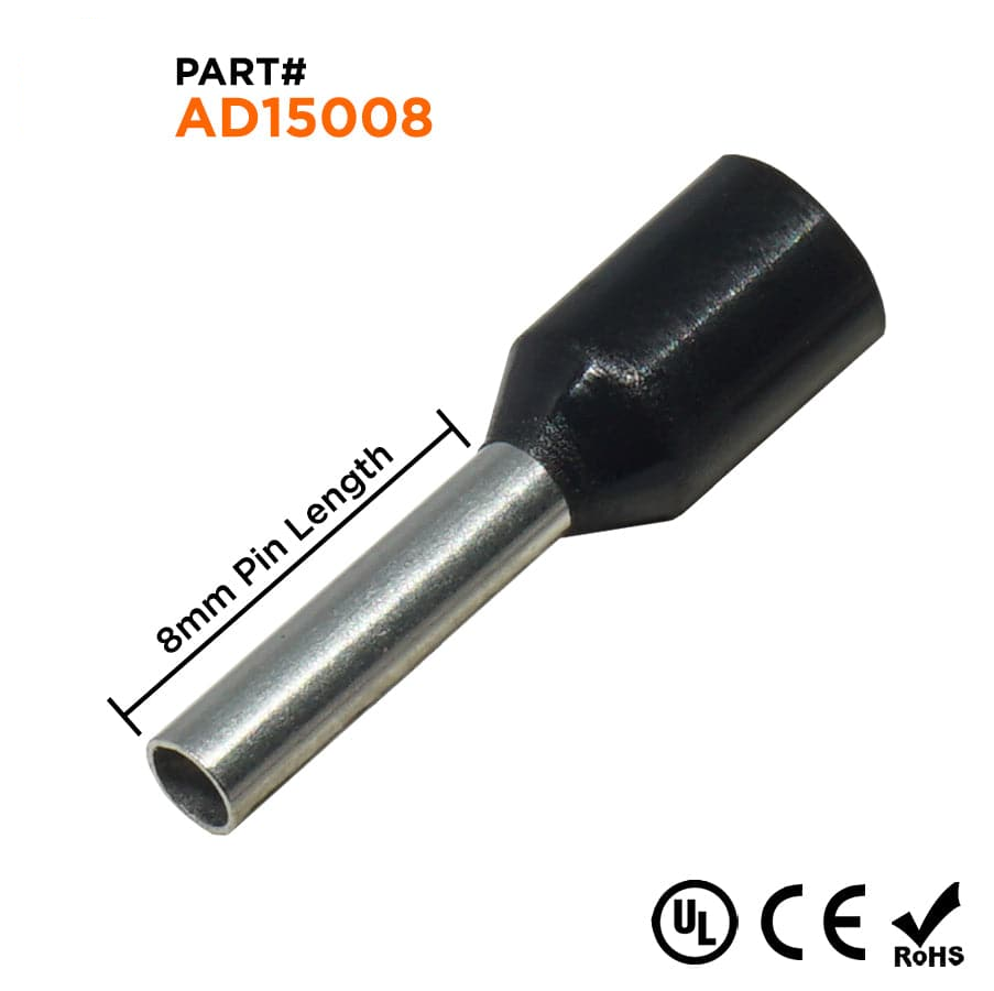 AD15008 - 16 AWG Insulated Wire Ferrules, 8mm Pin, Black, UL Recognized, 500 Pieces