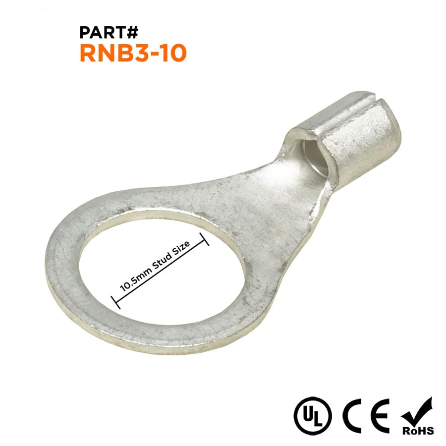 RNB3-10 - 14 to 12 AWG Non Insulated Ring Terminals, 3/8" Stud, UL Recognized, 100 Pieces