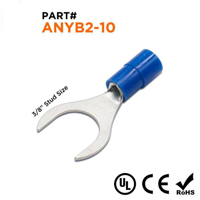 ANYB2-10 - 16 to 14 AWG Nylon Insulated Fork Terminals, 3/8" Stud, Blue, 100 Pieces