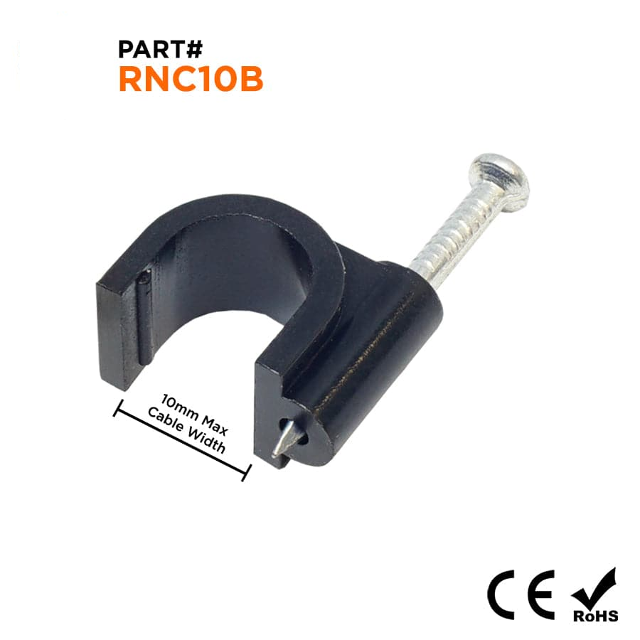 Nail In Cable Clips, Ethernet Cable Nails Tacks, Round, 10mm, 0.39", Black, 100 Pieces - RNC10B