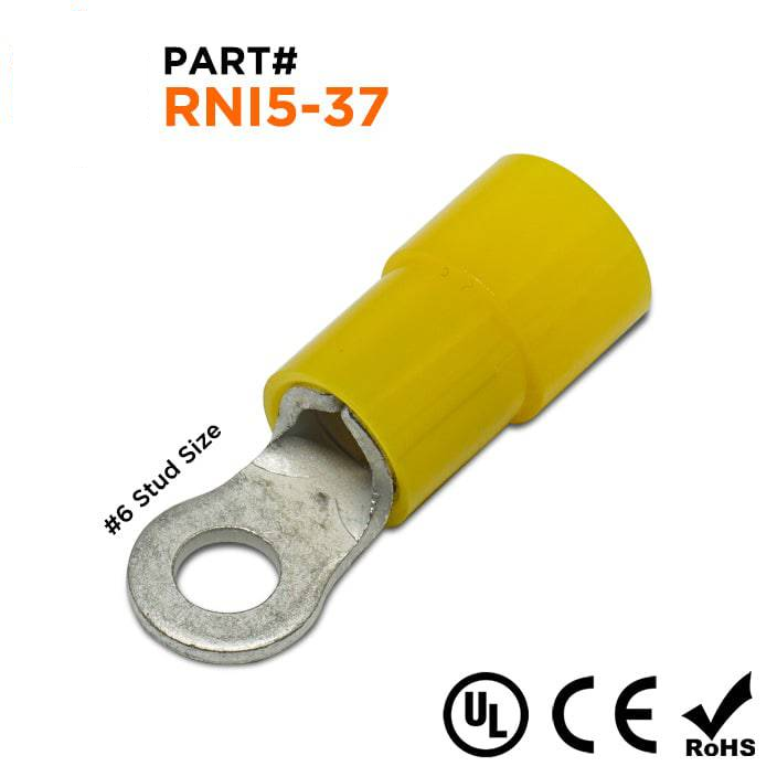RNI5-37 - 12 to 10 AWG Polycarbonate Ring Terminals, #6 Stud, 100 Pieces