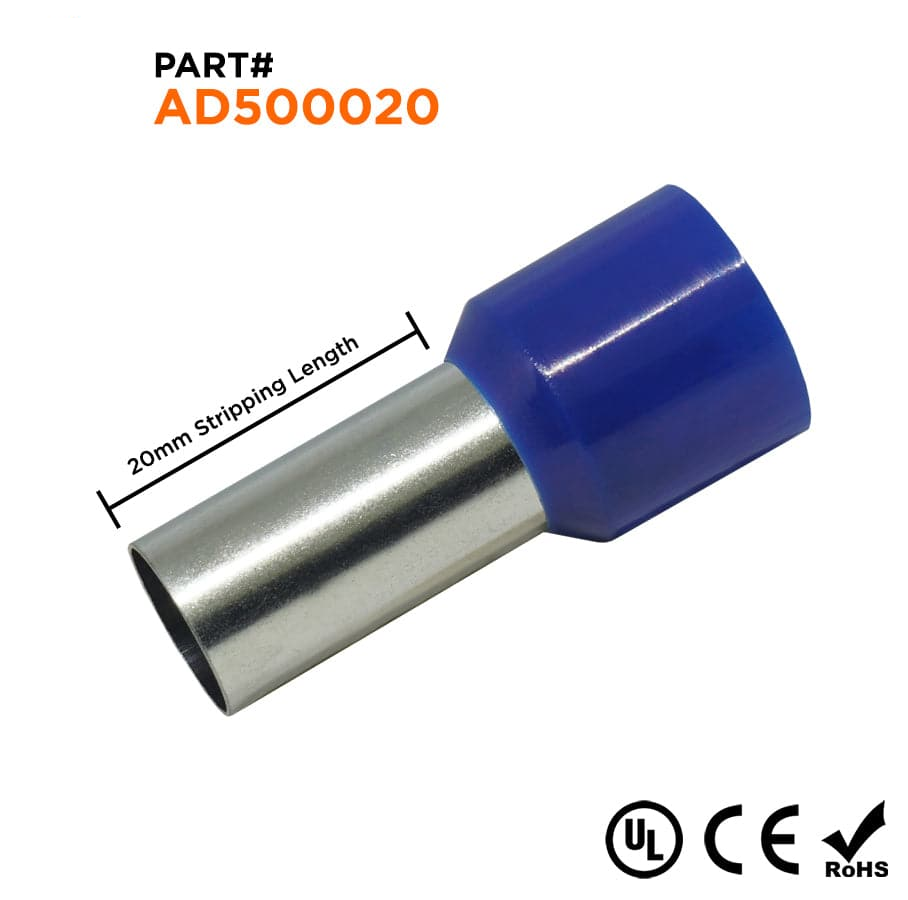 AD500020 - 1 AWG Single Insulated Punteras, 20mm Pin, Azul, UL Recognized, 50 piezas