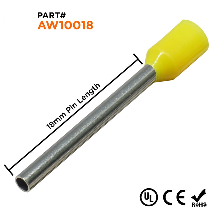 AW10018 - 18 & 17 AWG Insulated Wire Ferrules, 18mm Pin, Yellow, UL Recognized, 500 Pieces
