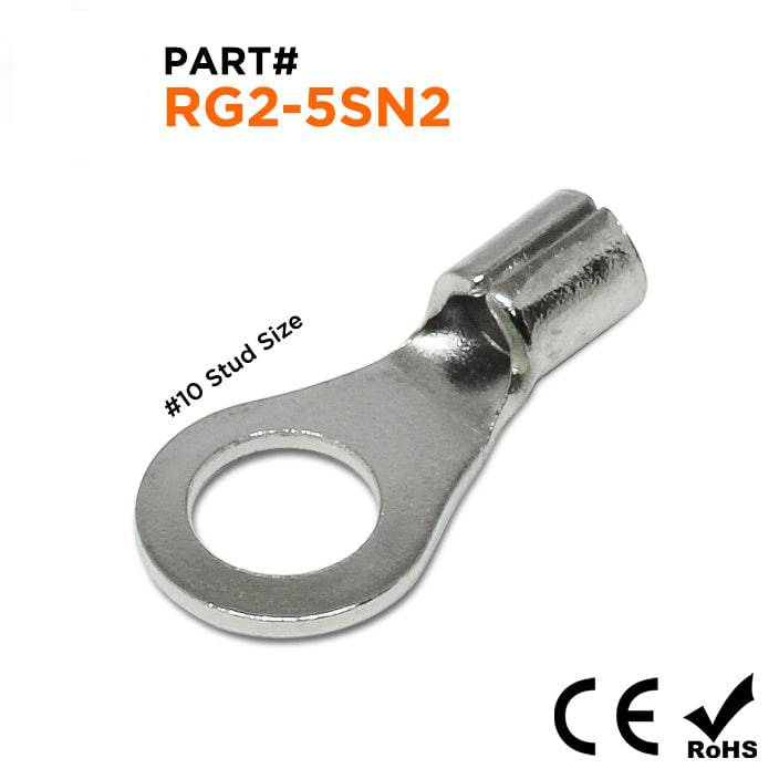 RG2-5SN2 - 16 to 14 AWG High Temperature Ring Terminals, #10 Stud, Steel, 900°F, 100 Pieces