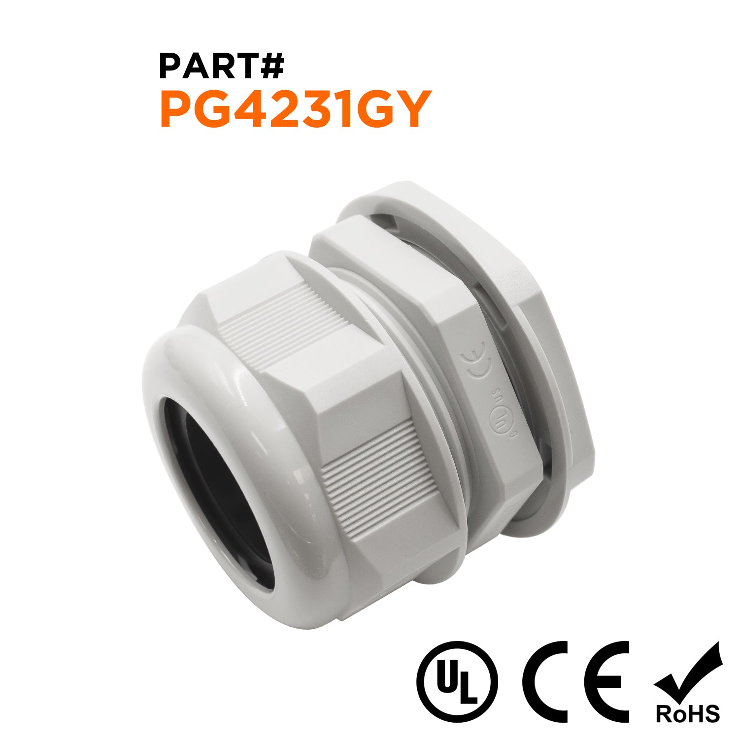 P4231GY - PG42 Thread Nylon Cable Gland, Gray, Range: 1" to 1-1/4", UL Listed, IP68, IP69K - 1 Piece