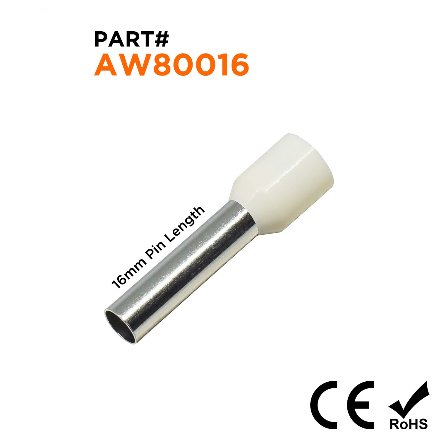 AW80016 - 8 AWG (Small Diameter) Insulated Wire Ferrules, 16mm Pin, Beige, 100 Pieces