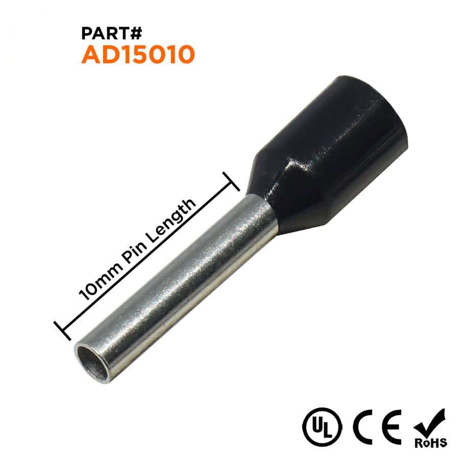 AD15010 - 16 AWG Insulated Wire Ferrules, 10mm Pin, Black, UL Recognized, 500 Pieces