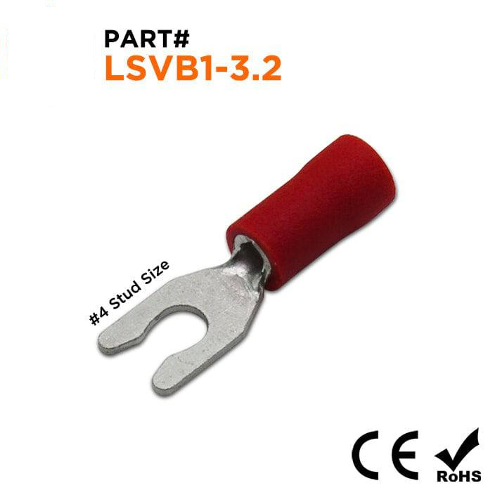 LSVB1-3.2 - 22 to 16 AWG Vinyl PVC Locking Spade Terminals, #4 Stud, Brazed Seam, 100 Pieces