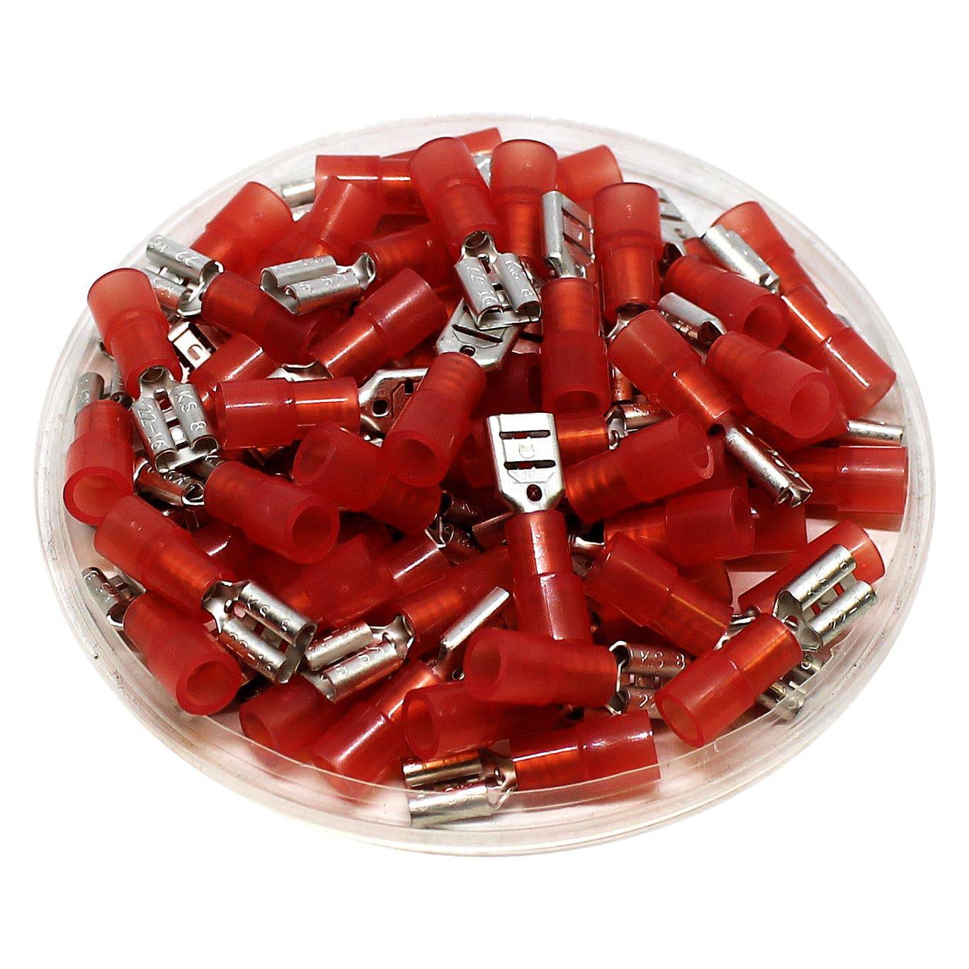 FDNYD1-187(5) - 22 to 16 AWG Nylon Insulated Quick Disconnects, Female, Double Crimp, UL Recognized, 100 Pieces
