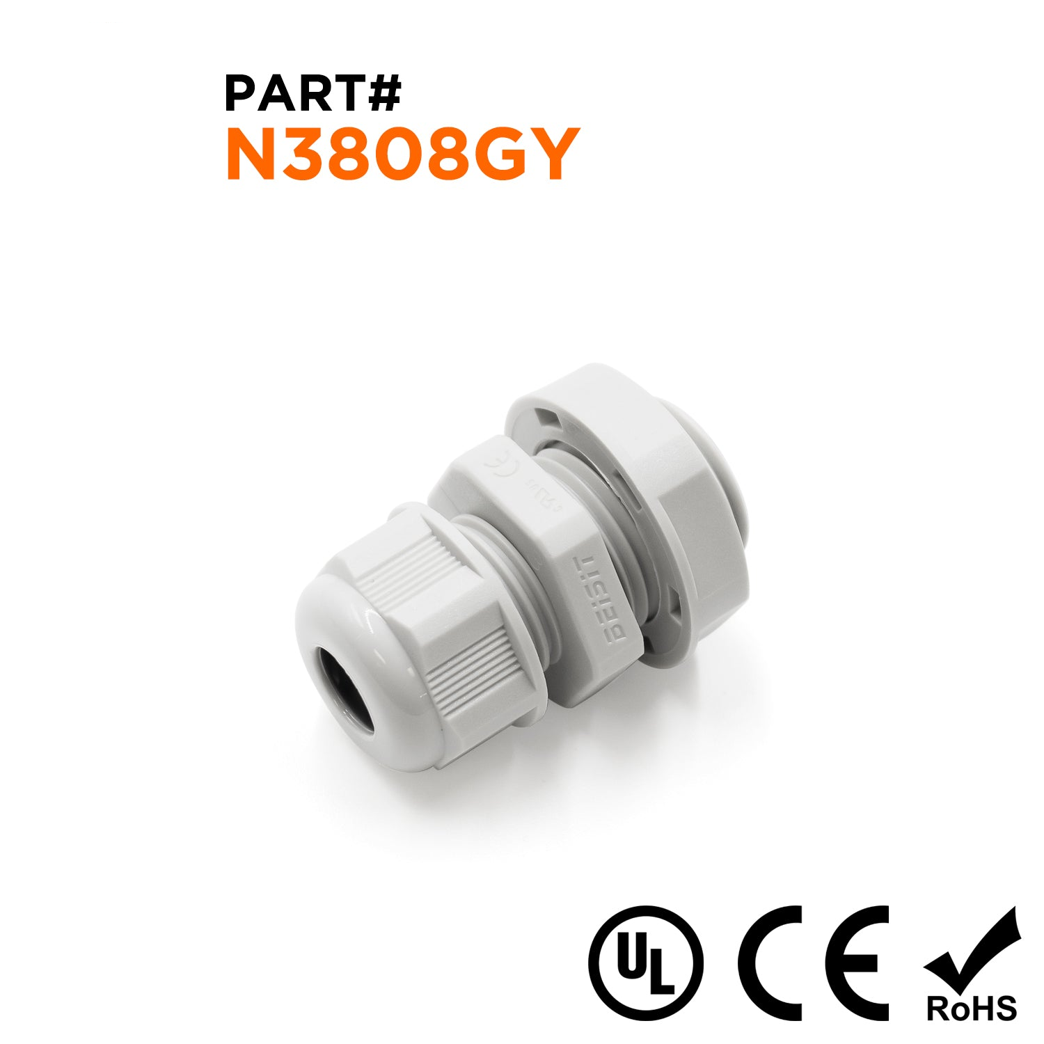 N3808GY - 3/8" NPT Thread Nylon Cable Gland, Gray, Range: 3/16" to 5/16", UL Listed, IP68, IP69K - 1 Piece
