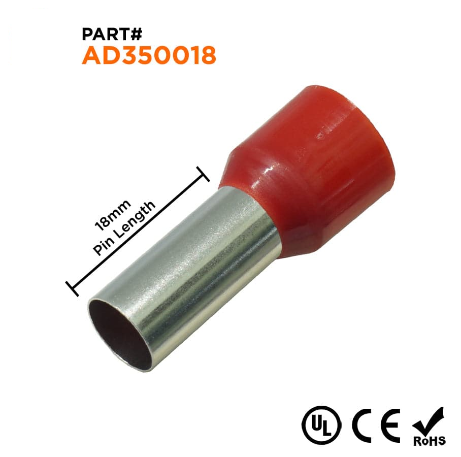 AD350018 - 2 AWG Single Insulated Punteras, 18mm Pin, Rojo, UL Recognized, 100 piezas