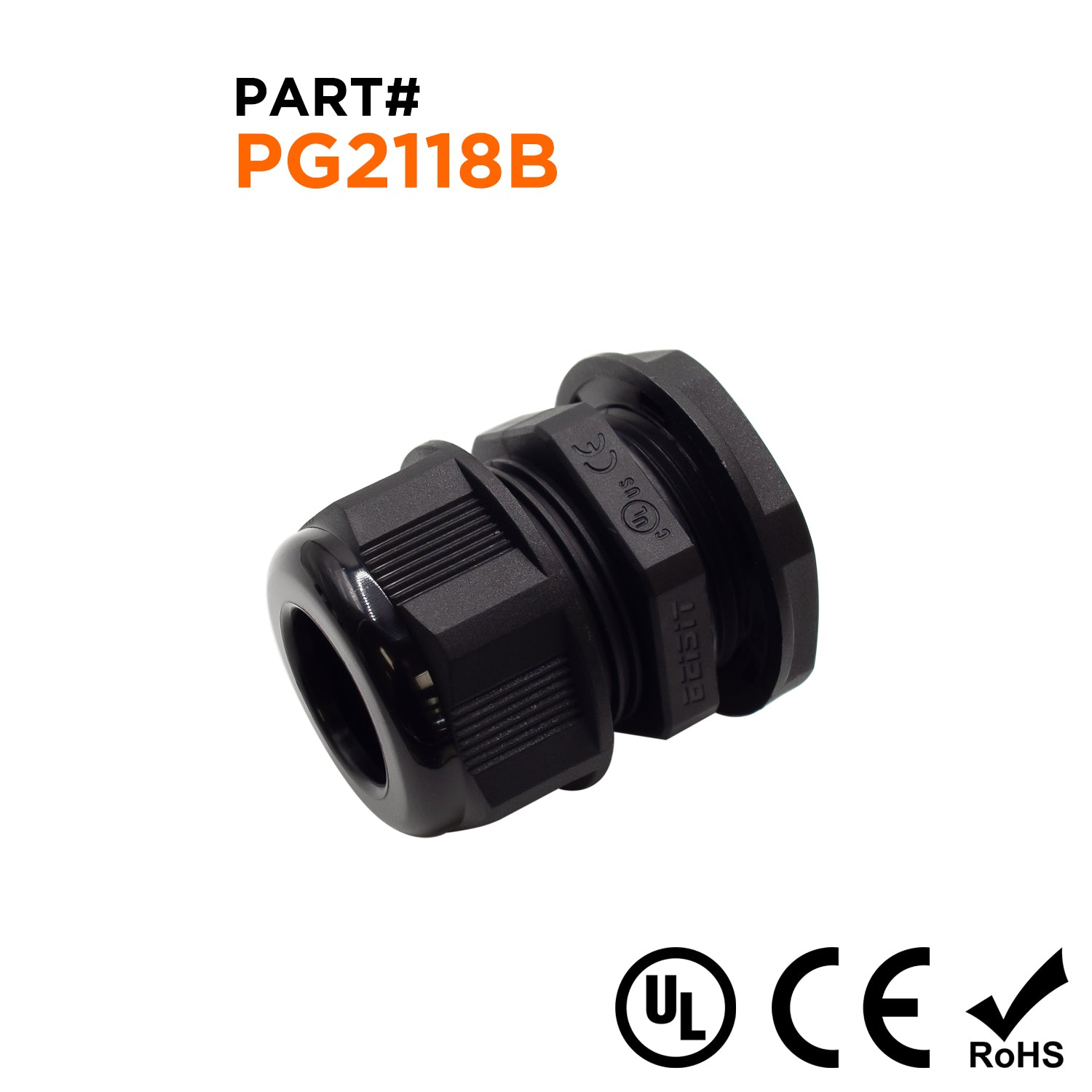 P2118B - PG21 Thread Nylon Cable Gland, Black, Range: 1/2" to 11/16", UL Listed, IP68, IP69K - 1 Piece