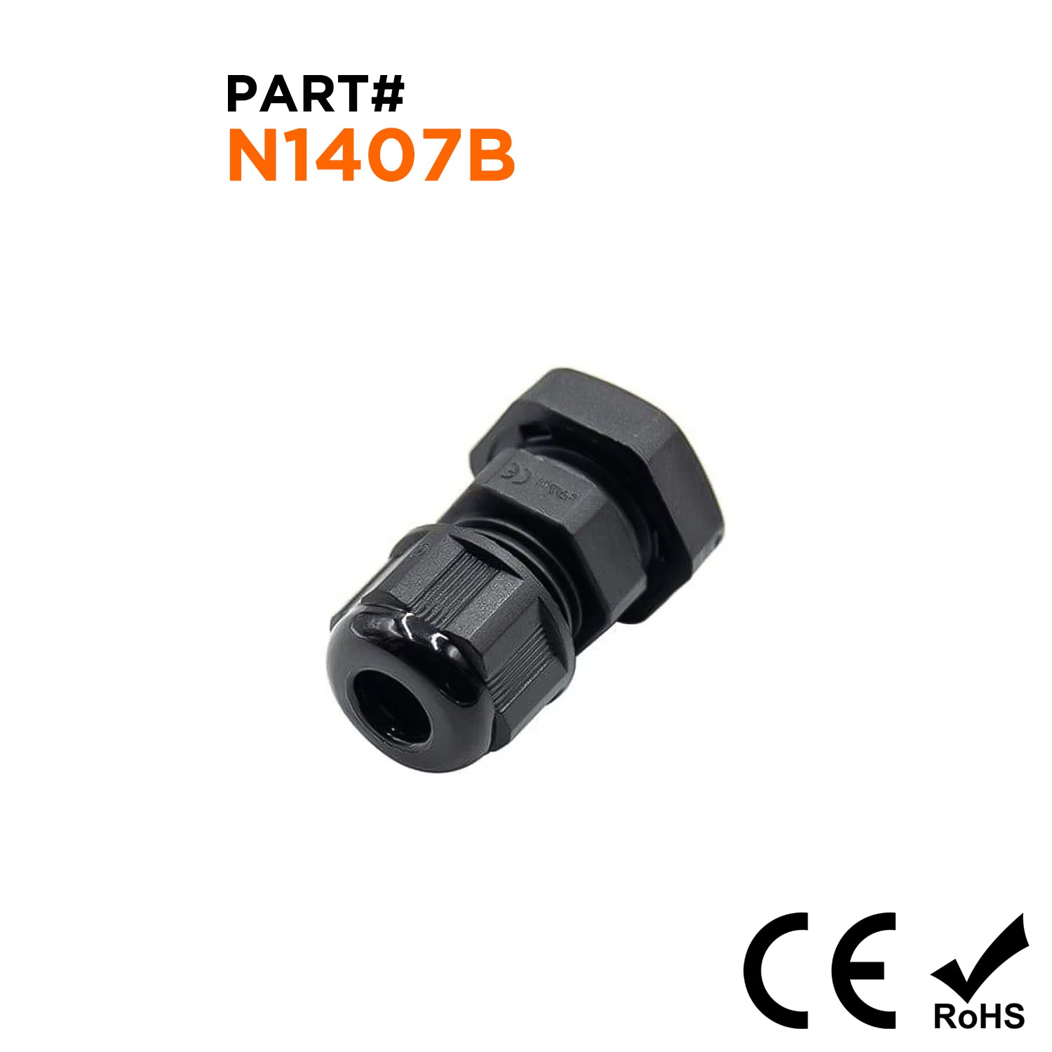N1407B - 1/4" NPT Rosca De nailon Prensaestopas, Negro, Rango: 1/8" a 1/4", IP68, IP69K - 1 pieza