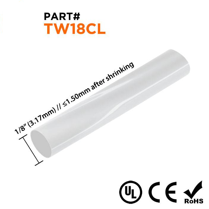 TW18CL - 1/8" Thin Wall Heat Shrink Tubing, 2:1 Shrink Ratio, Clear, Spool of 656ft
