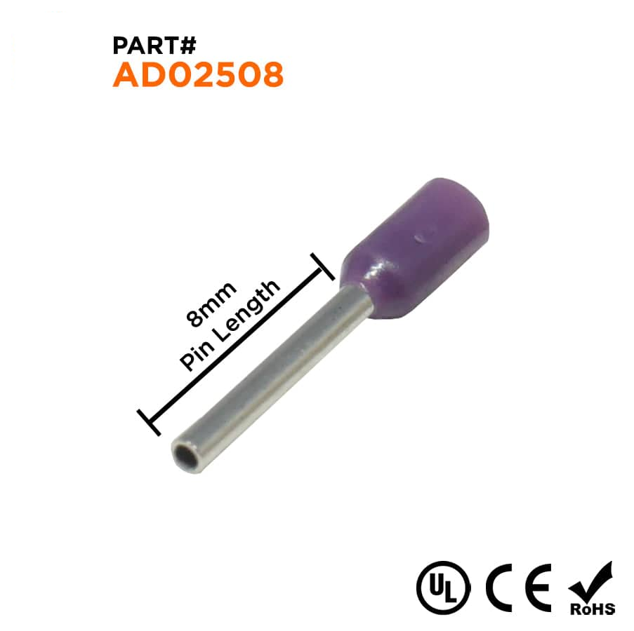 AD02508 - 24 AWG Insulated Wire Ferrules, 8mm Pin, Purple, UL Recognized, 500 Pieces