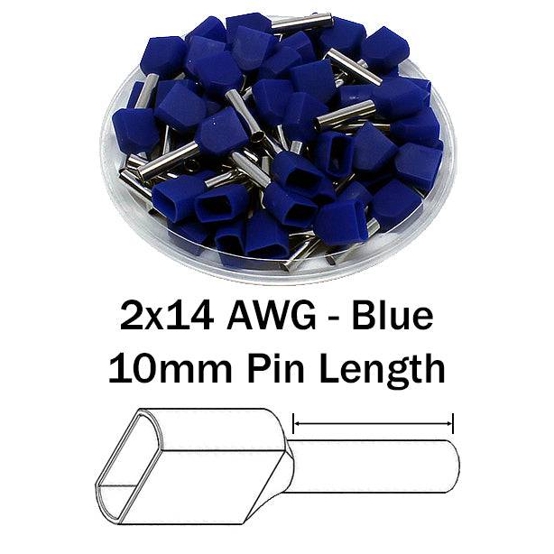 TW25010 - 14 AWG Twin Wire Ferrules, 10mm Pin, Blue, 500 Pieces