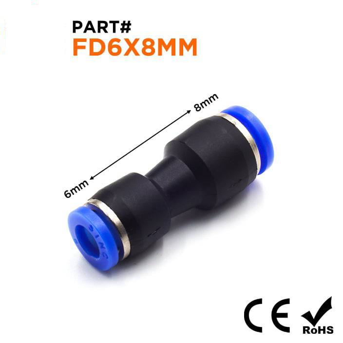 FD6X8MM - Pneumatic Push-In Reducer Union Fitting, 6mm to 8mm, 1 Piece