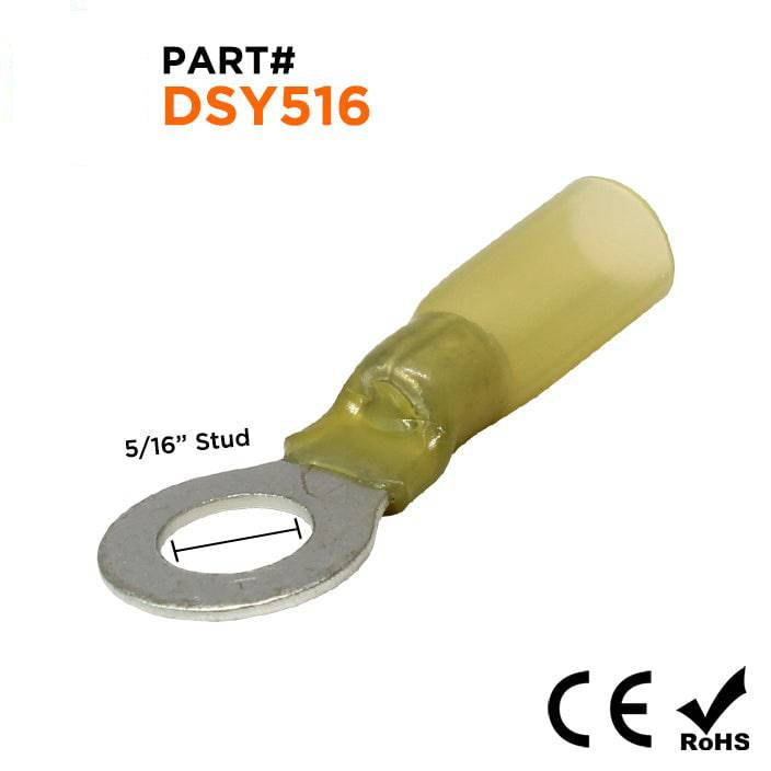 DSY516 - 12 a 10 AWG Termorretráctiles Terminales de anillo, 5/16" Orificio, Polyolefin, 25 piezas