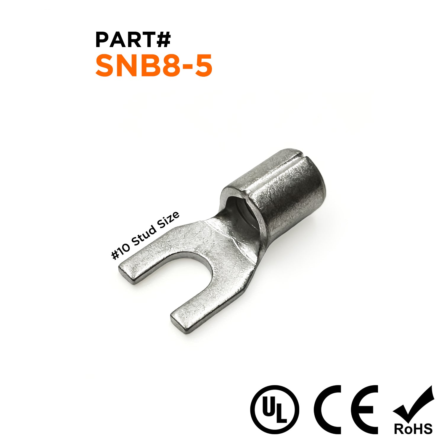 SNB8-5 - 8 AWG Terminales de horquilla sin aislamiento, #10 Orificio, UL Recognized, 25 piezas
