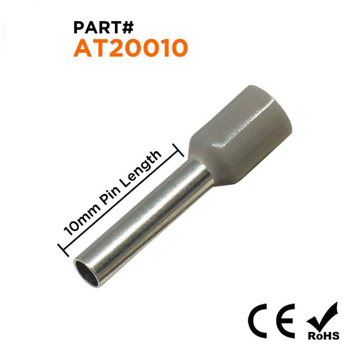 AT20010 - 14 AWG (Small Diameter) Insulated Punteras, 10mm Pin, Gris, 500 piezas