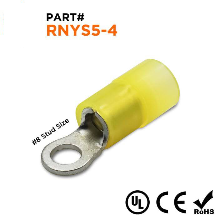 RNYS5-4 - 12 to 10 AWG Nylon Insulated Ring Terminals, #8 Stud, UL Recognized, 50 Pieces