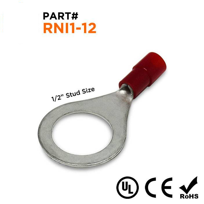 RNI1-12 - 22 to 16 AWG Polycarbonate Ring Terminals, 1/2" Stud, 100 Pieces