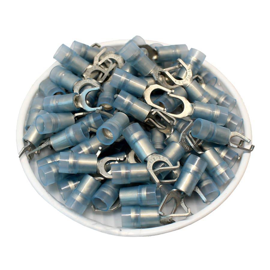 FSNYDL2-4 - 16 to 14 AWG Nylon Insulated Flange Spade Terminals, #8 Stud, Double Crimp, 100 Pieces