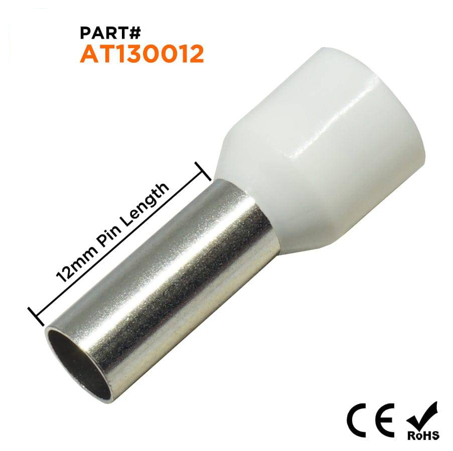 AT130012 - 6 AWG (Small Diameter) Insulated Wire Ferrules, 12mm Pin, White, 100 Pieces
