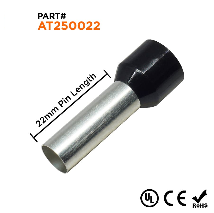 AT250022 - 4 AWG Insulated Punteras, 22mm Pin, Negro, UL Recognized, 100 piezas
