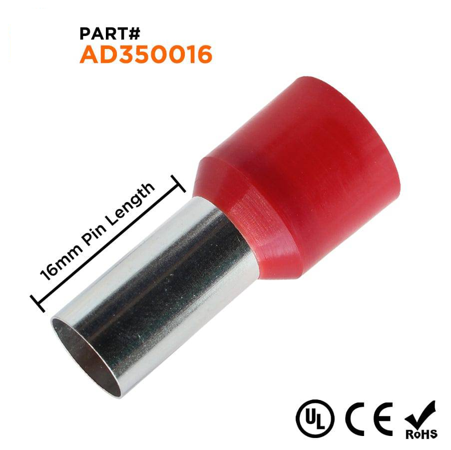 AD350016 - 2 AWG Single Insulated Wire Ferrules, 16mm Pin, Red, UL Recognized, 100 Pieces
