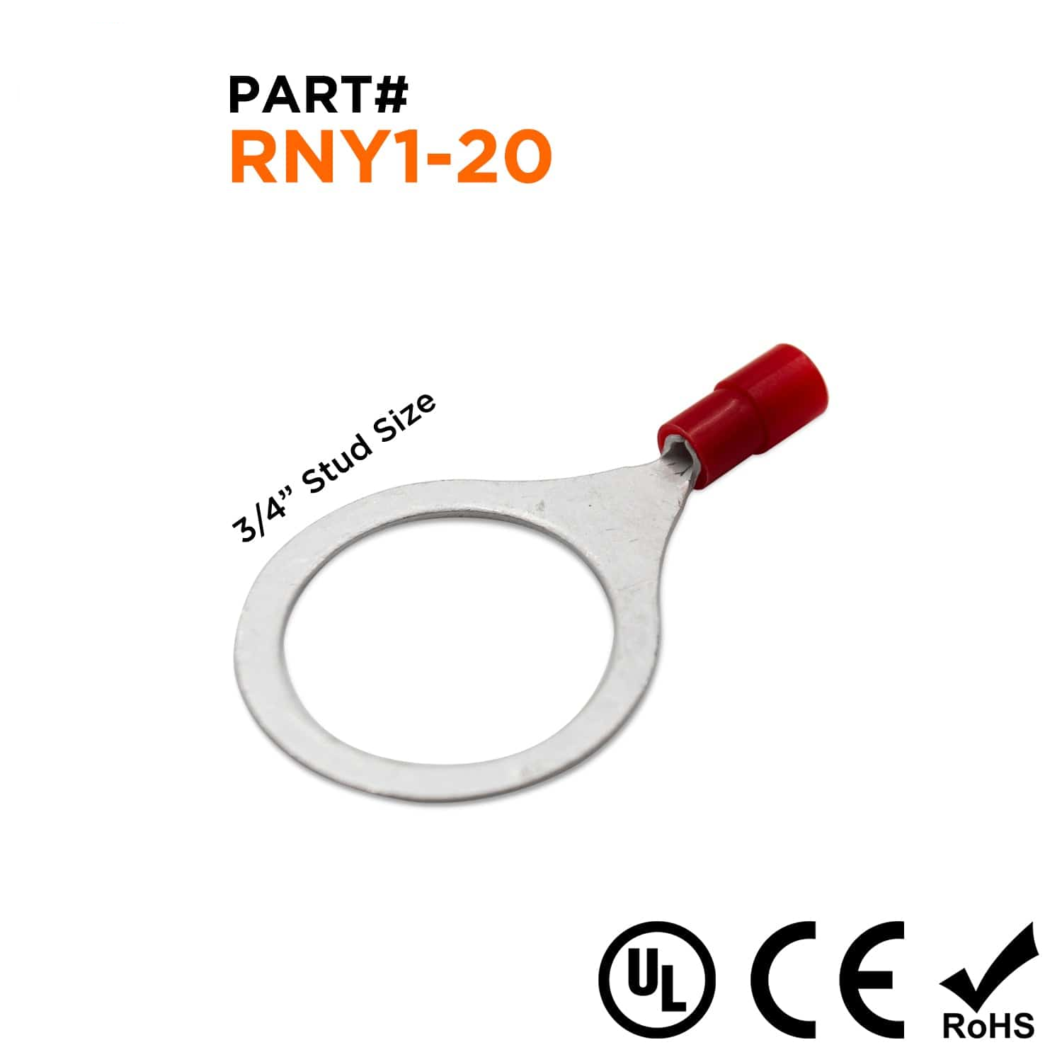 RNY1-20 - 22 to 16 AWG Nylon Insulated Ring Terminals, 3/4" Stud, Butted Seam, 50 Pieces