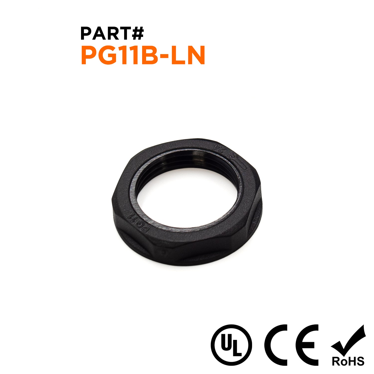 PG11 Thread Nylon Lock Nut for PG Cable Glands, Black, UL Approved, 1 Piece - PG11B-LN