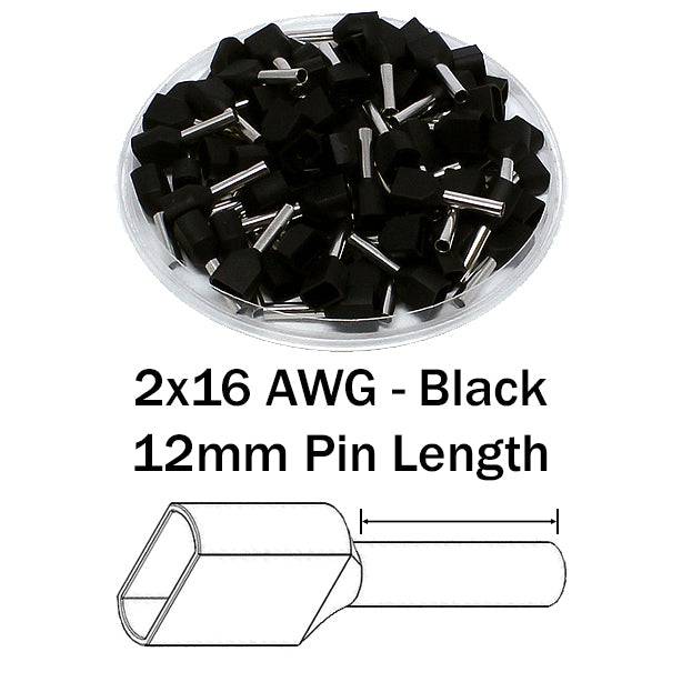 TD15012 - 16 AWG Twin Wire Ferrules, 12mm Pin, Black, 500 Pieces